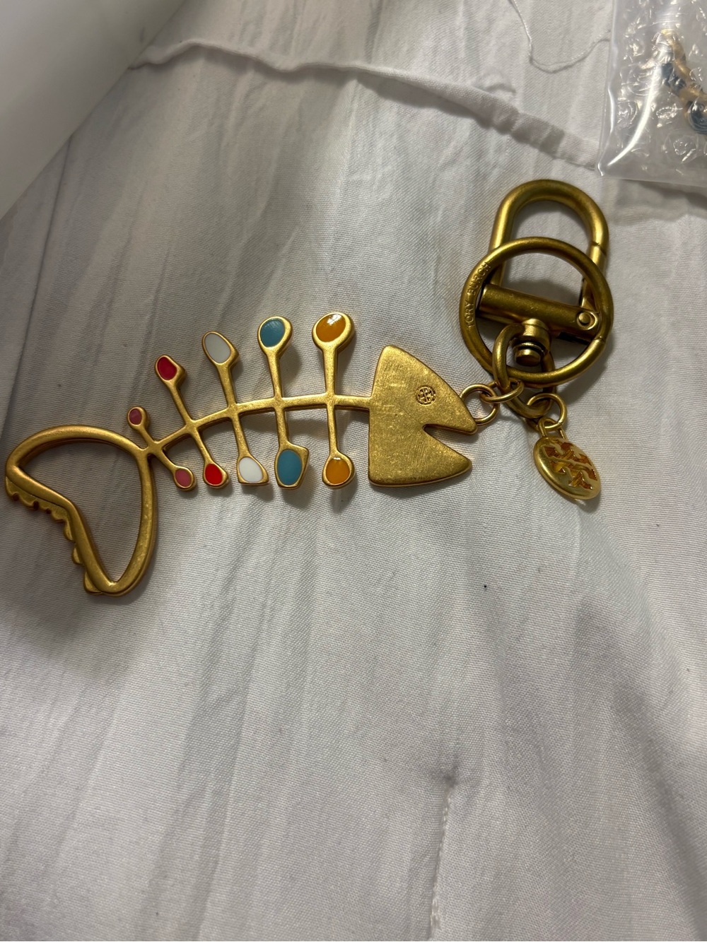 Tory Burch Gold Fishbone Keychain with Multicolor Enamel